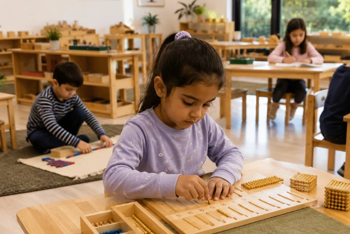 A child working with Montessori mathematics materials