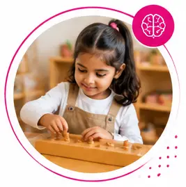 Primary child concentrating on hands-on Montessori mathematics material