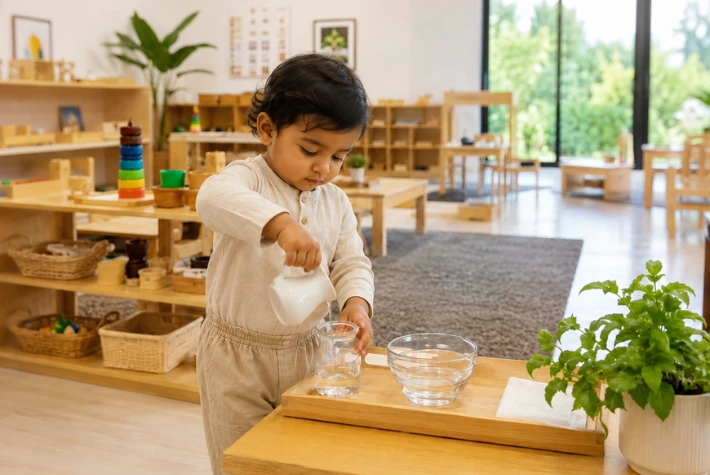 A child practising pouring in a Montessori environment